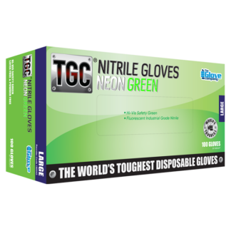 Image of a bright green nitrile disposable glove box with TGC branding.