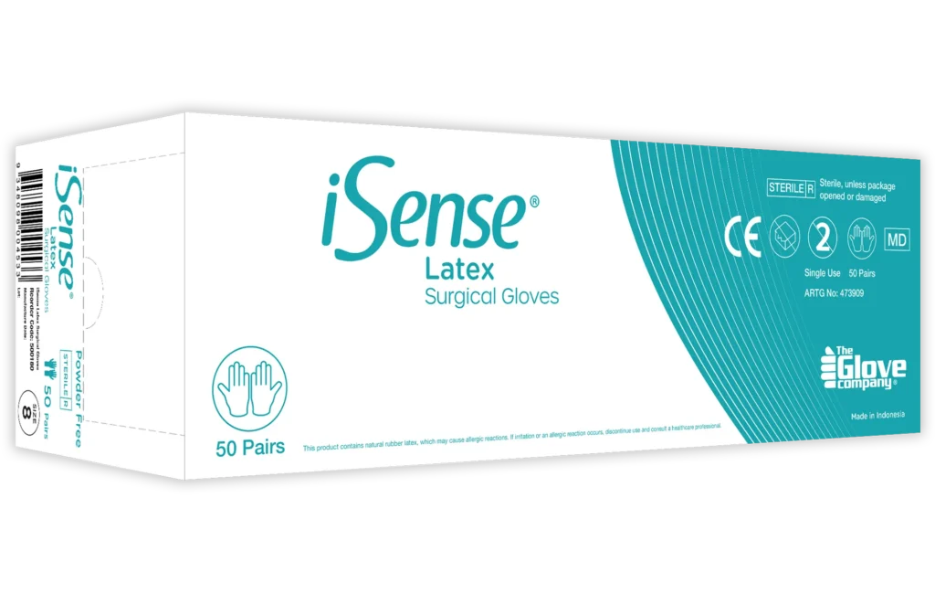 Blue and white box of iSense Latex Sterile Surgical Gloves