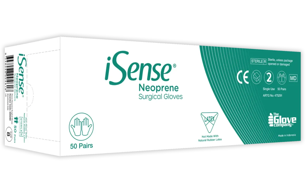 Green and white box of iSense Neoprene Sterile Surgical Gloves