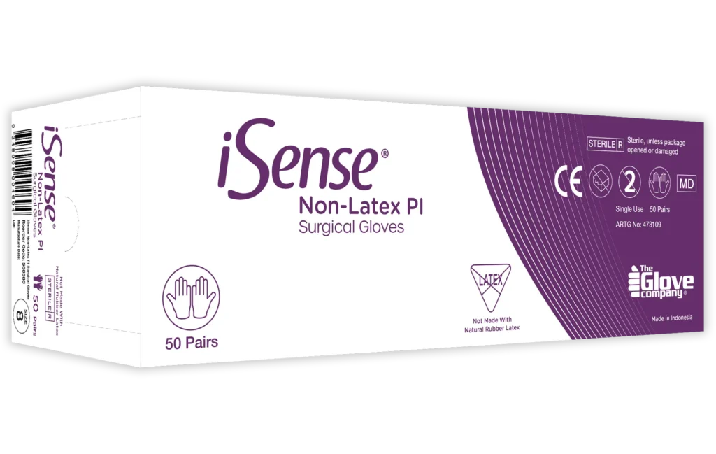 Purple and white box of iSense Non-Latex PI Sterile Surgical Gloves